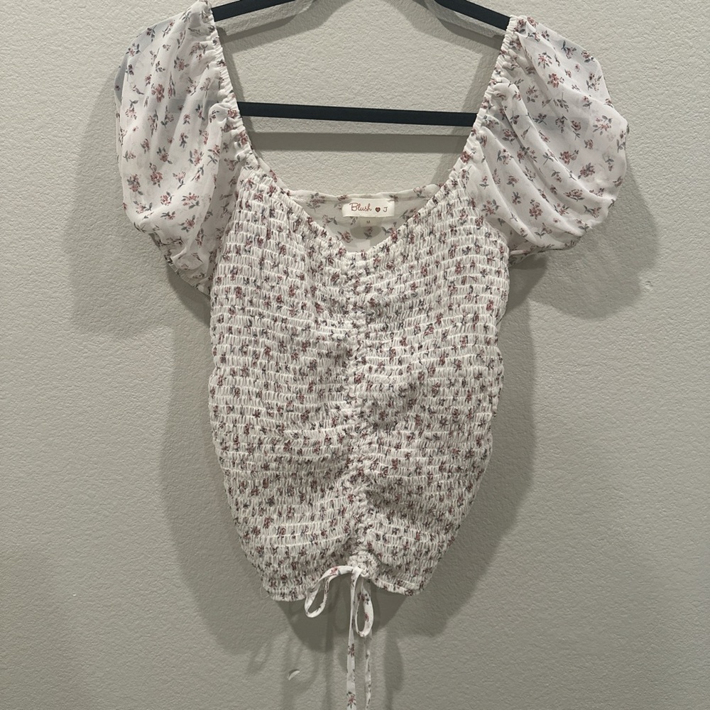 Blush J White and Pink Floral Smocked Top